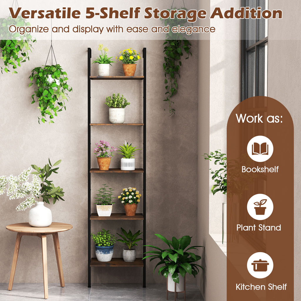 5-Tier Wall Mount Ladder Shelf - Rustic Brown