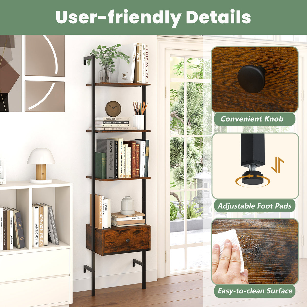 5-Tier Ladder Bookcase with Drawer & Metal Frame - Rustic Brown