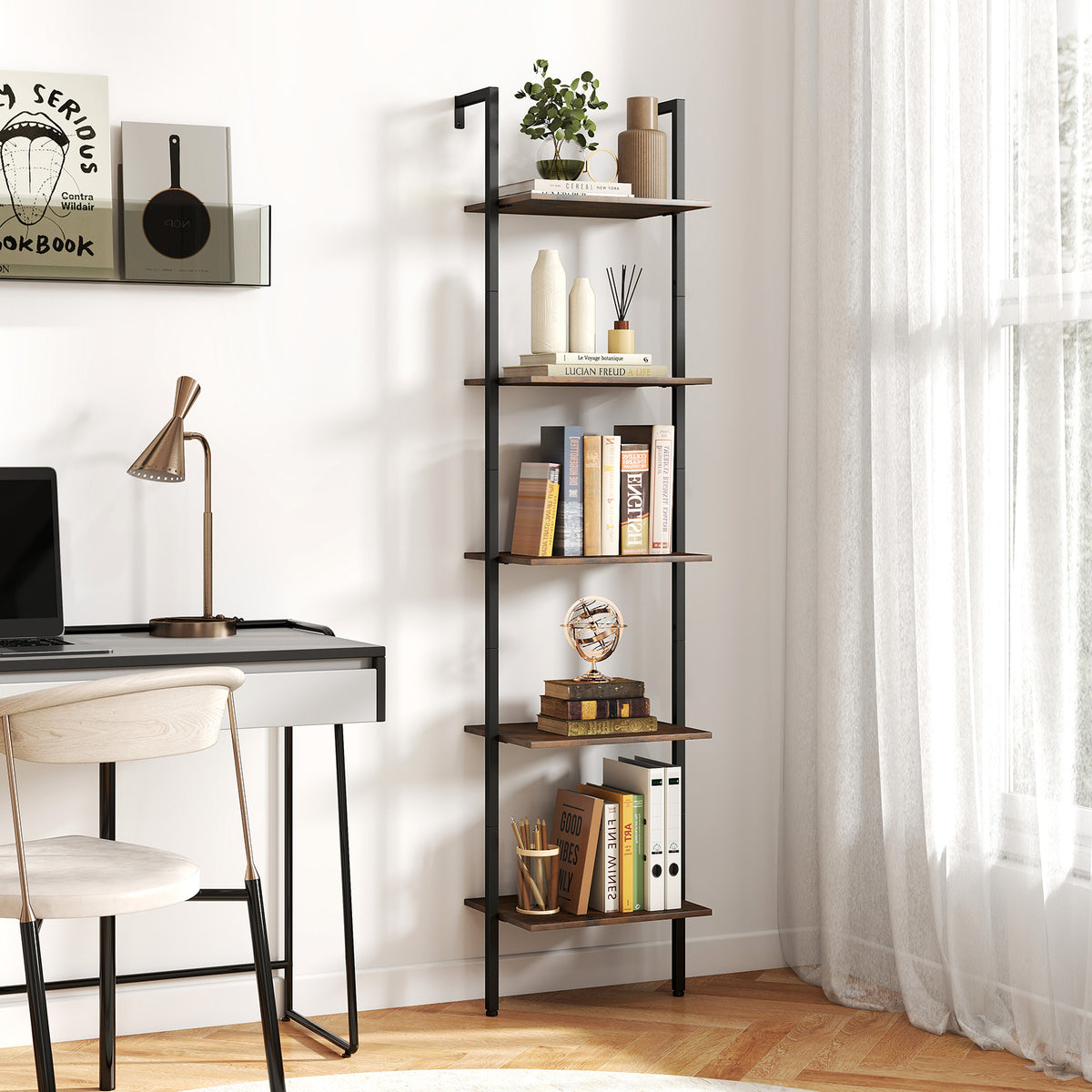 5-Tier Wall Mount Ladder Shelf - Rustic Brown