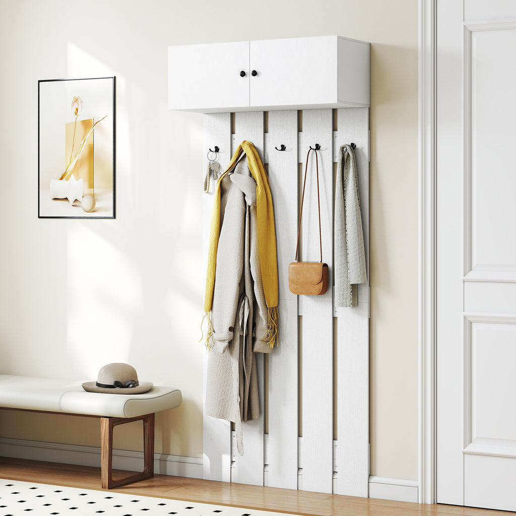 Wall Mounted Coat Rack with Storage Cabinet, White
