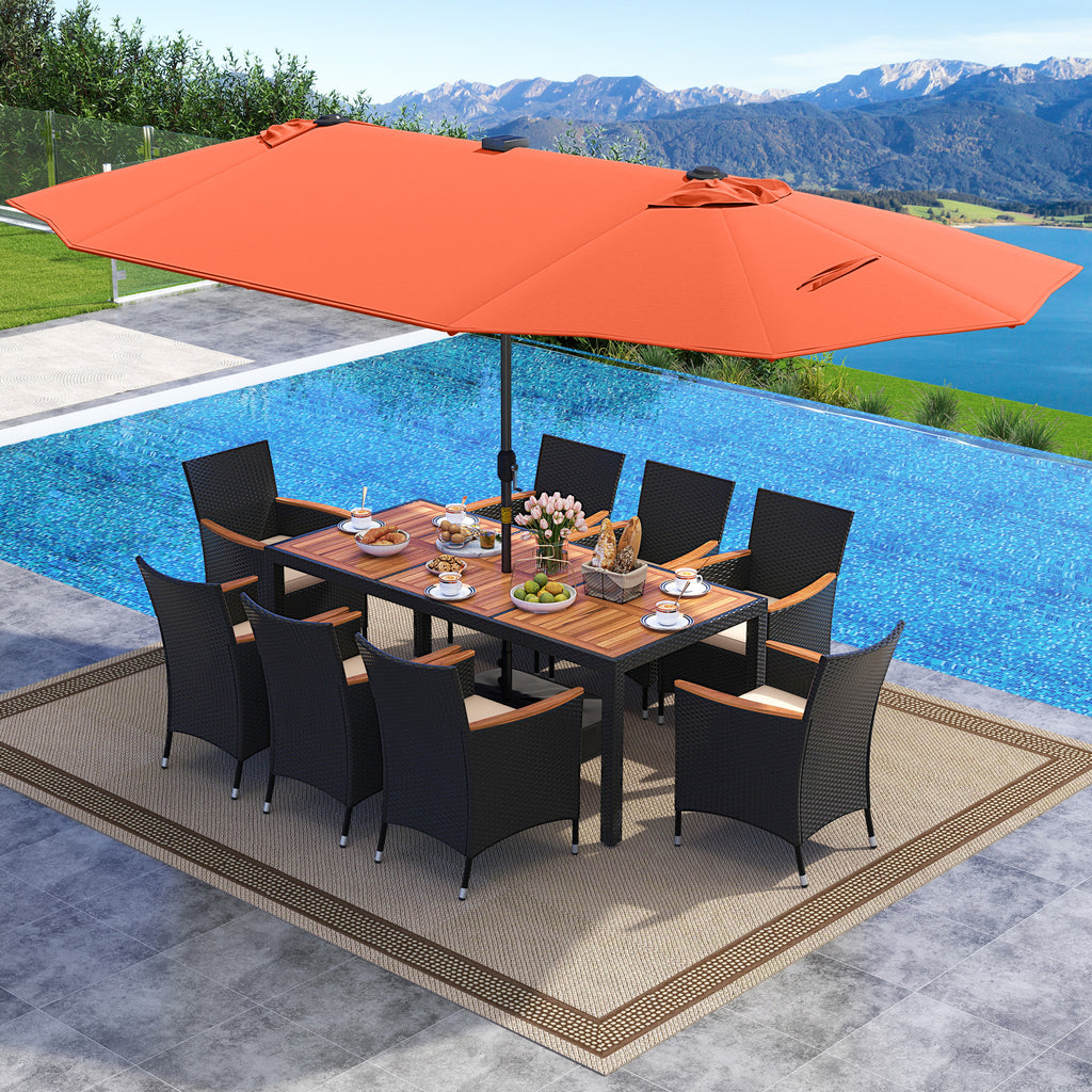 11 Pieces Patio Dining Set with LED Umbrella Base and Seat Cushions