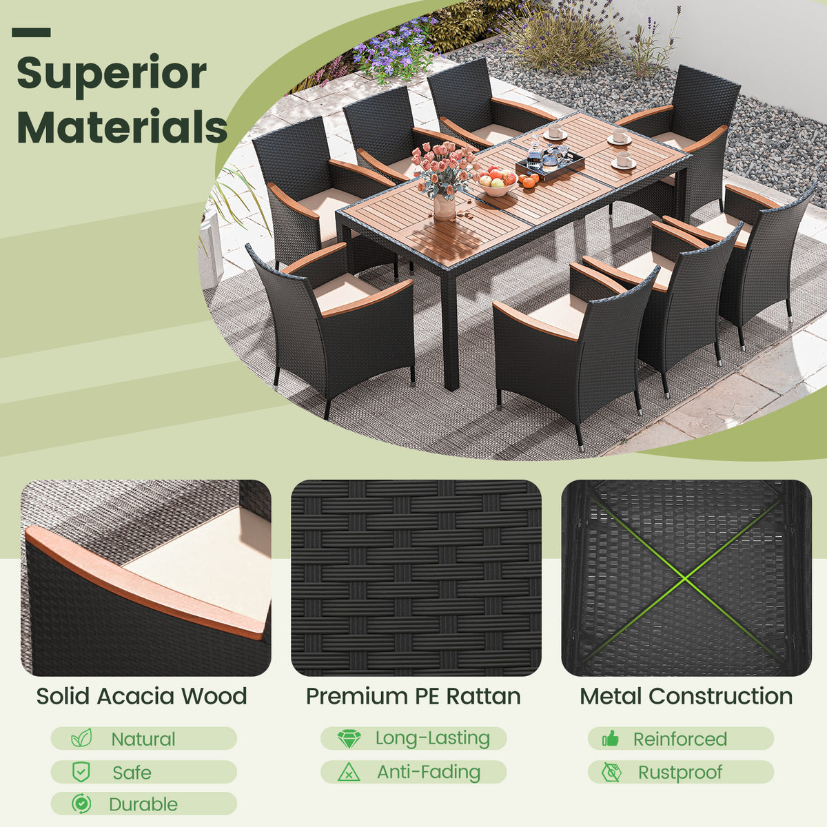 11 Pieces Patio Dining Set with LED Umbrella Base and Seat Cushions