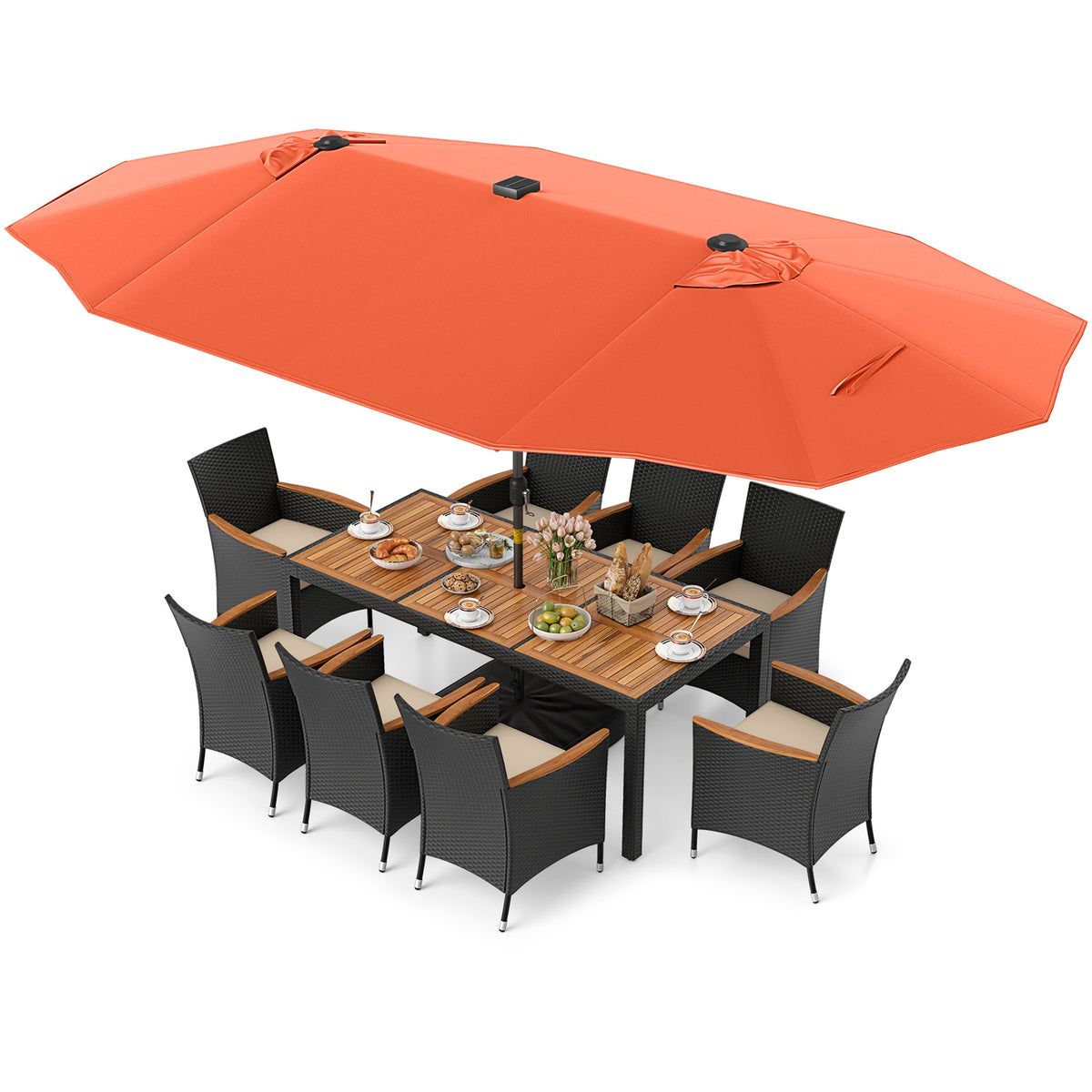 11 Pieces Patio Dining Set with LED Umbrella Base and Seat Cushions