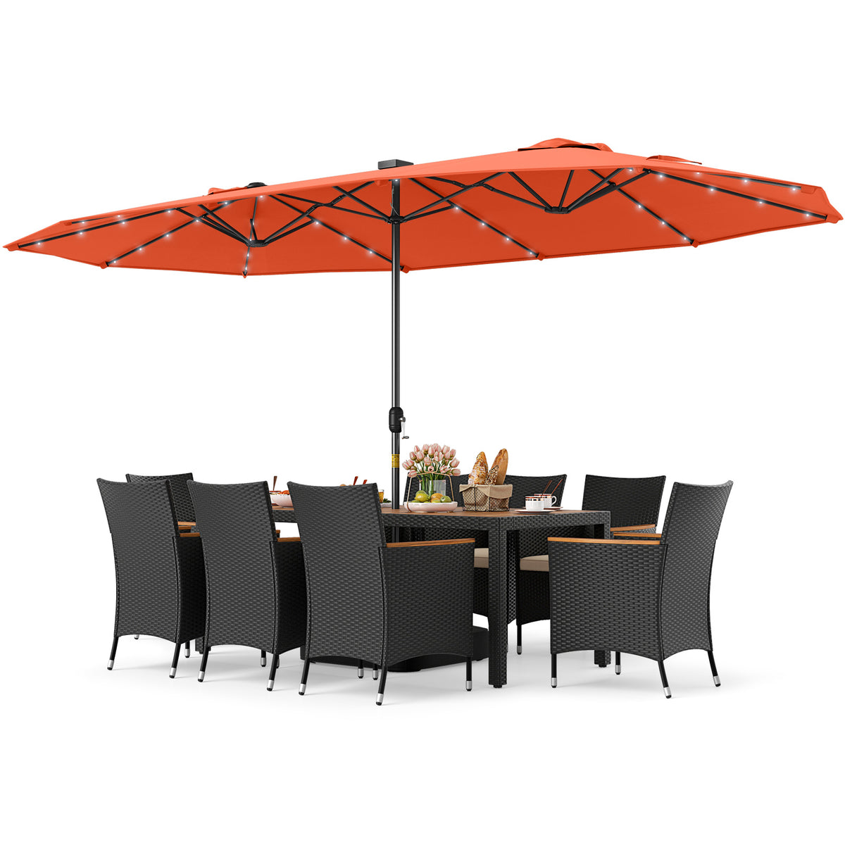 11 Pieces Patio Dining Set with LED Umbrella Base and Seat Cushions