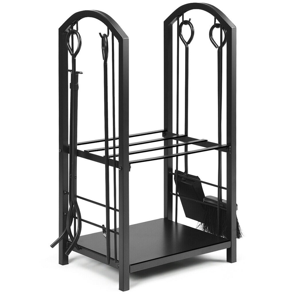 Fireplace Log Rack with 4 Tools and 2 Shelves - Black