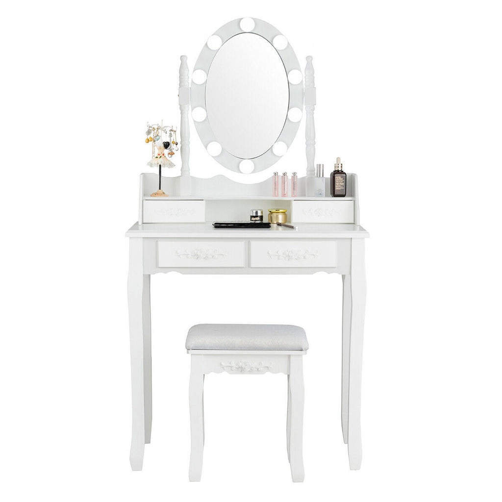 Makeup Dressing Table with Lighted Mirror & Stool - White