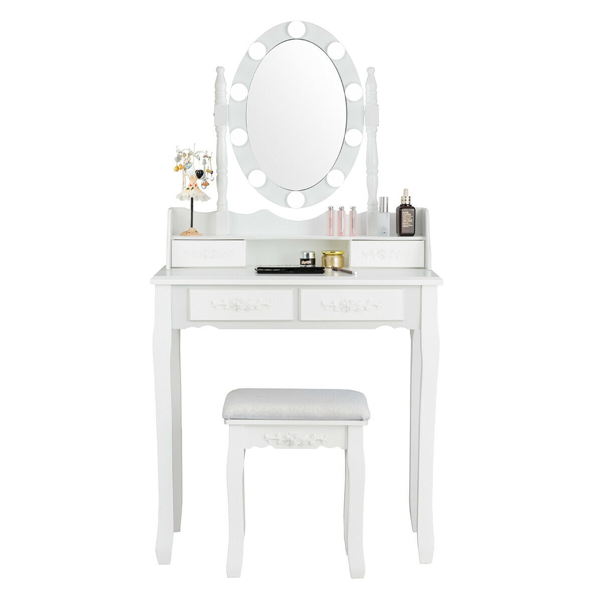 Makeup Dressing Table with Lighted Mirror & Stool - White
