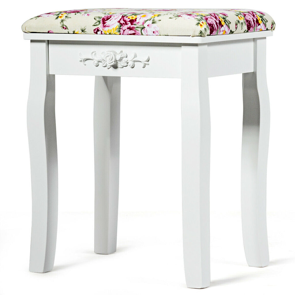 Vanity Wood Dressing Stool with Rose Cushion - White