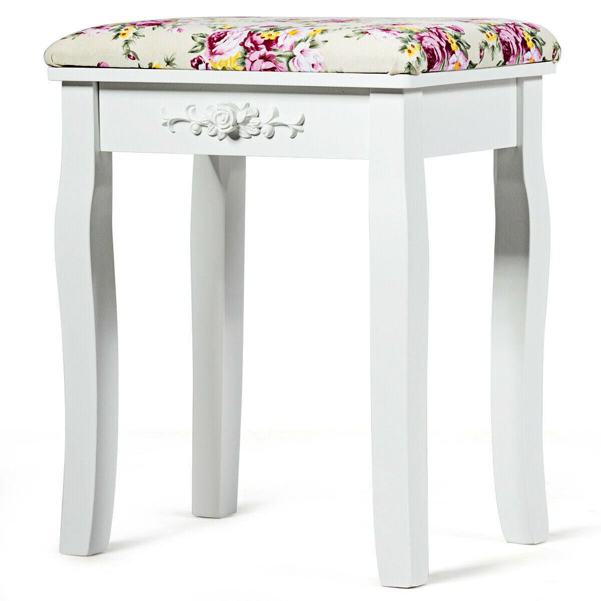 Vanity Wood Dressing Stool with Rose Cushion - White