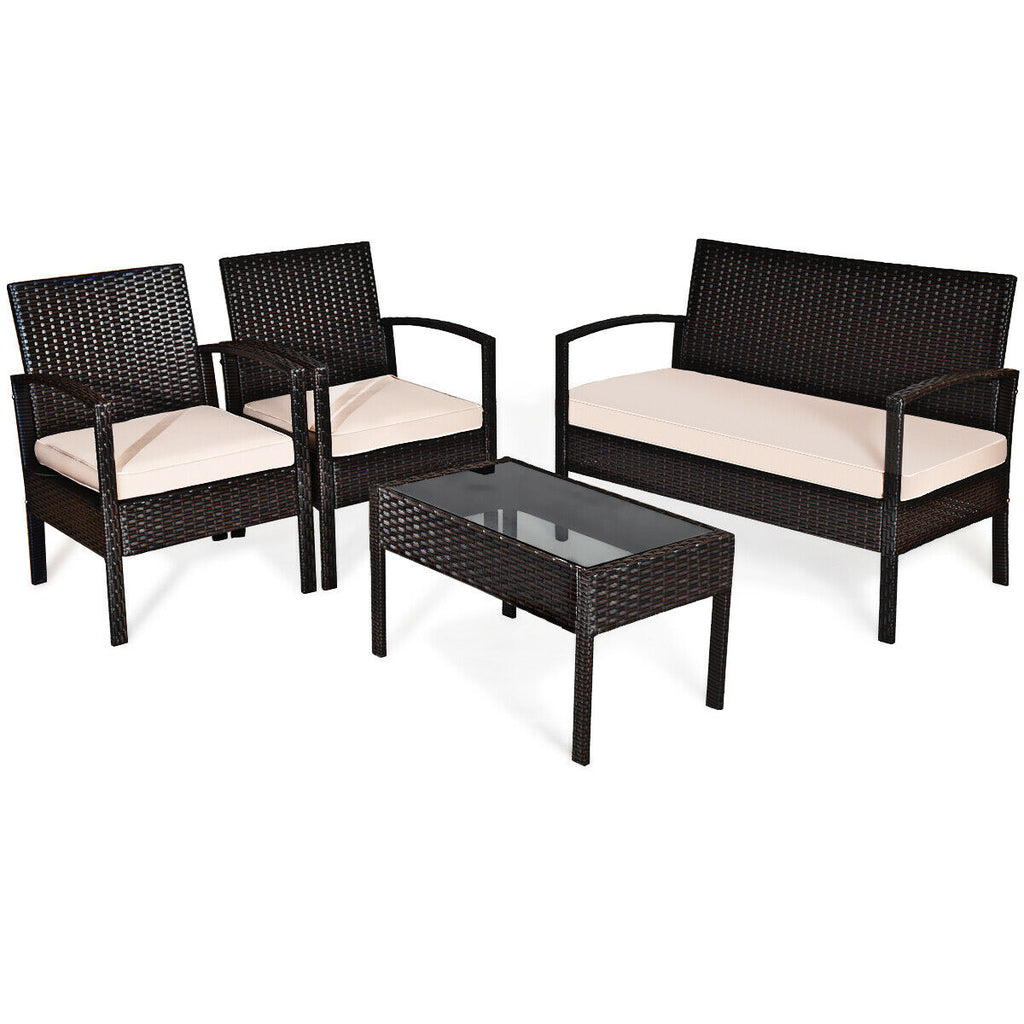4-Piece Patio Rattan Conversation Set with Loveseat & Coffee Table
