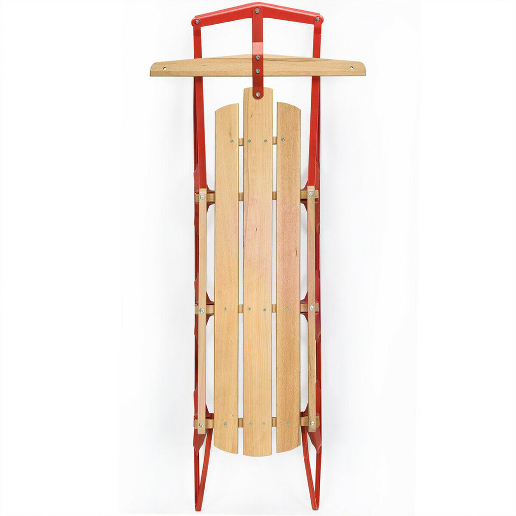 Red 54 Inch Wooden Snow Sled with Metal Runners & Steering Bar - Kids & Adults