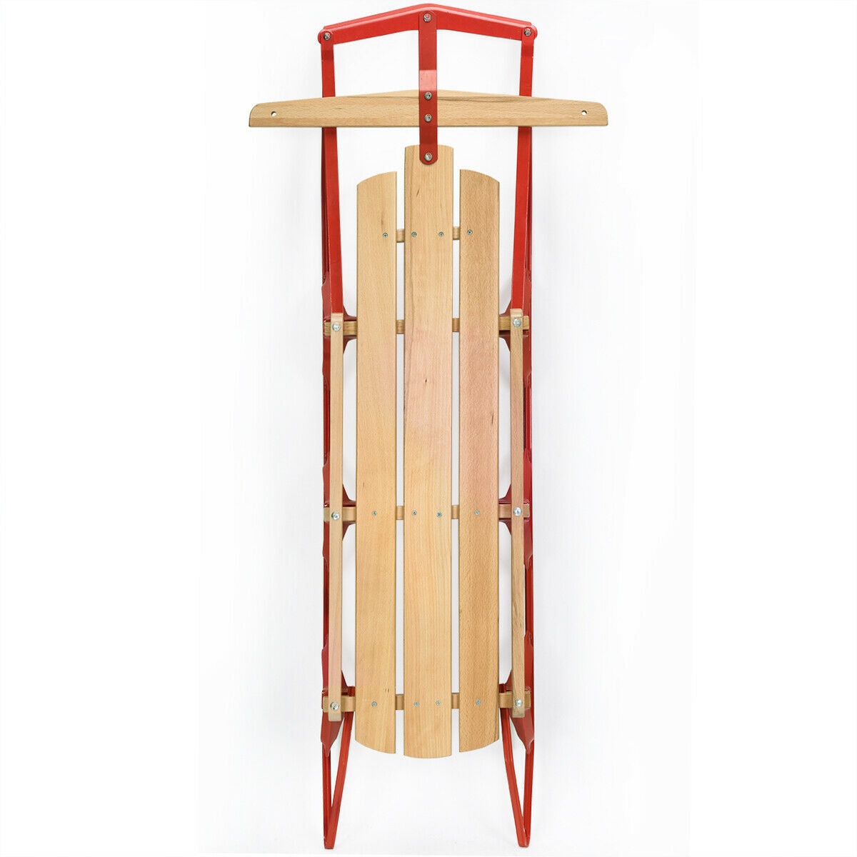 Red 54 Inch Wooden Snow Sled with Metal Runners & Steering Bar - Kids & Adults