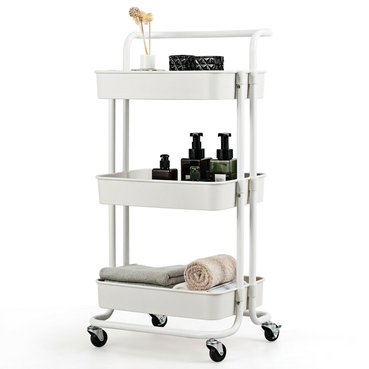 3-Tier Rolling Storage Cart with ABS Basket, White