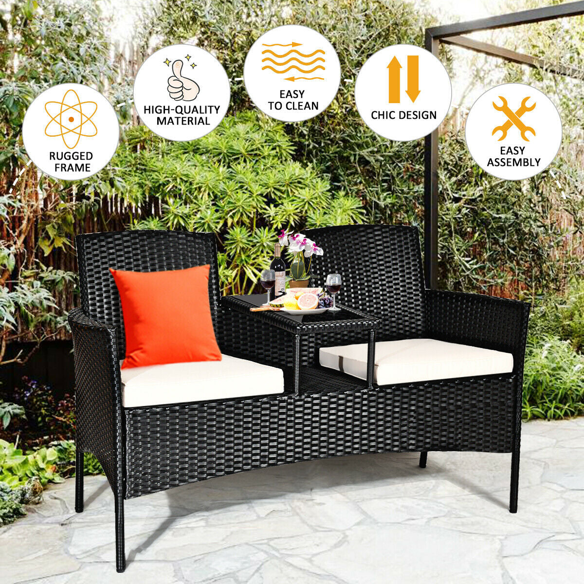 Wicker Patio Conversation Furniture Set with Removable Cushions and