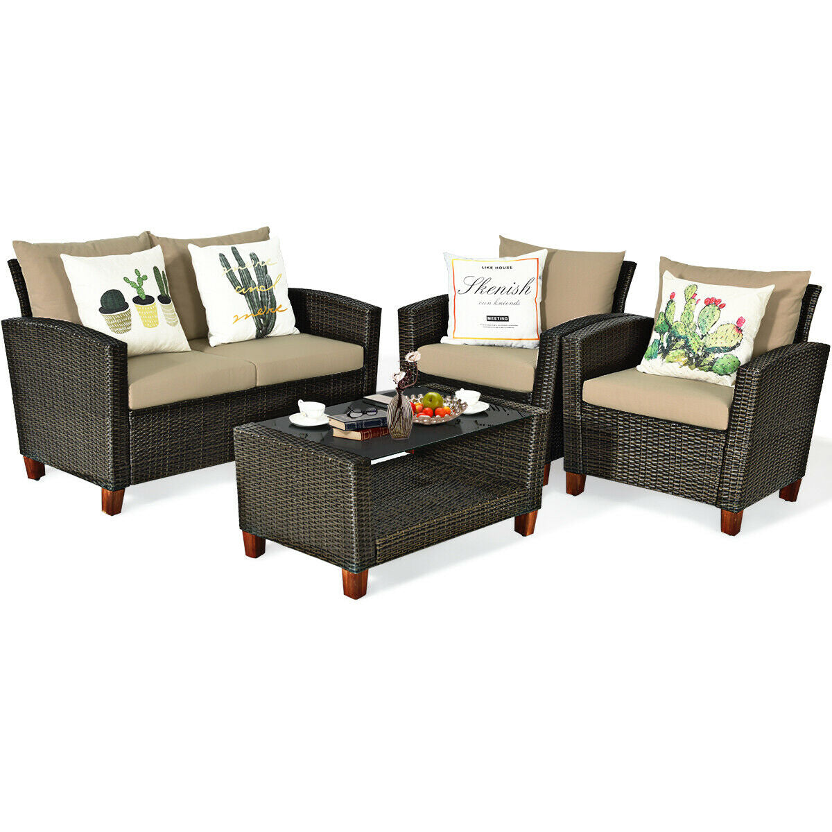4-Piece Patio Rattan Furniture Set with Cushions