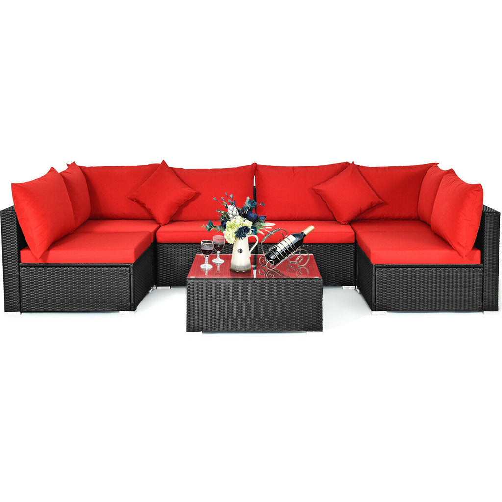 7-Piece Sectional Wicker Sofa Set with Coffee Table - Black Rattan, Red