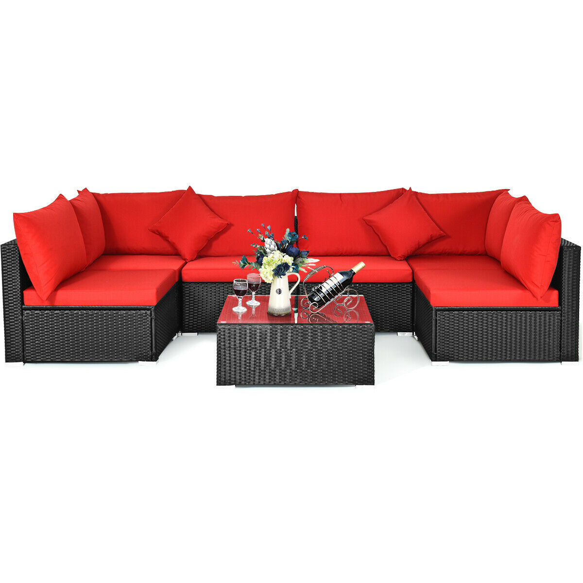 7-Piece Sectional Wicker Sofa Set with Coffee Table - Black Rattan, Red