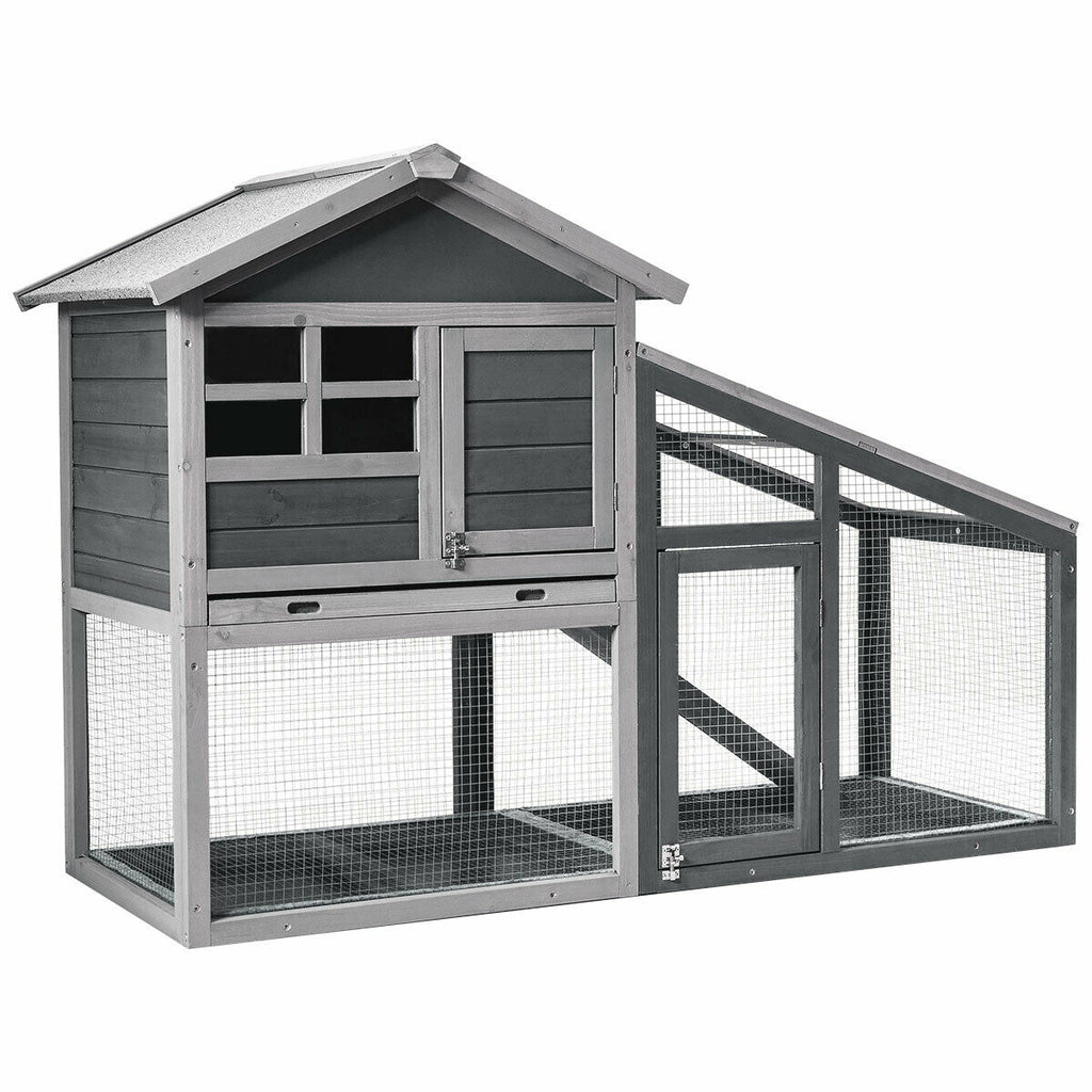 Wooden Rabbit Hutch with Pull-Out Tray and Ramp - 56.5 Inch Long Animal Cage