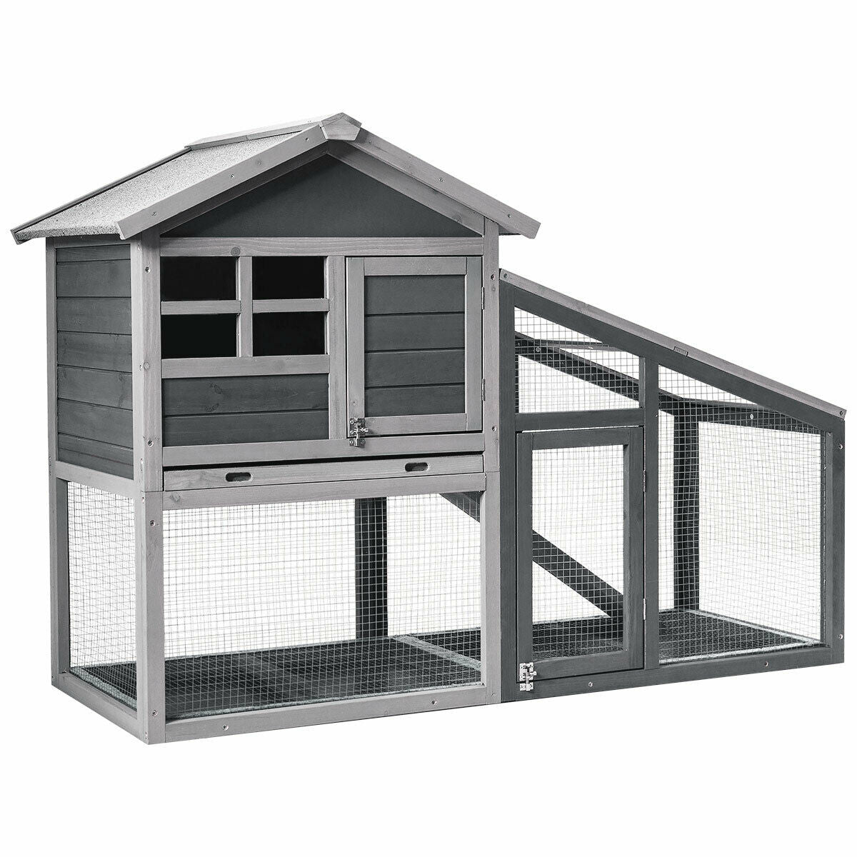 Wooden Rabbit Hutch with Pull-Out Tray and Ramp - 56.5 Inch Long Animal Cage