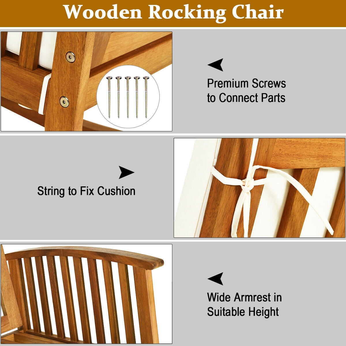 Outdoor Acacia Wood Rocking Chair with Detachable Washable Cushions