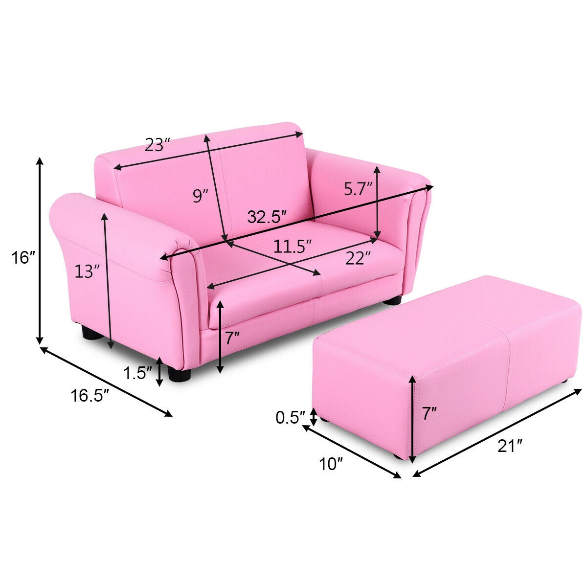 Pink Kid's Double Couch Lounge Sofa with Ottoman - Childrens Play & Sleep