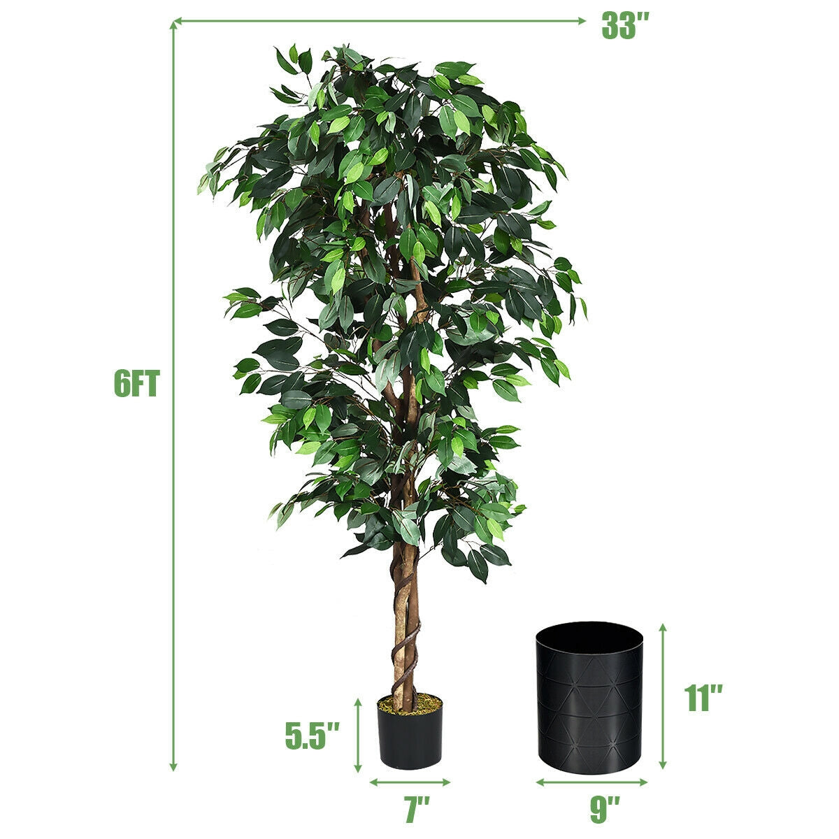 6 Feet Artificial Ficus Silk Tree - Realistic Indoor Outdoor Faux Plant - Costway