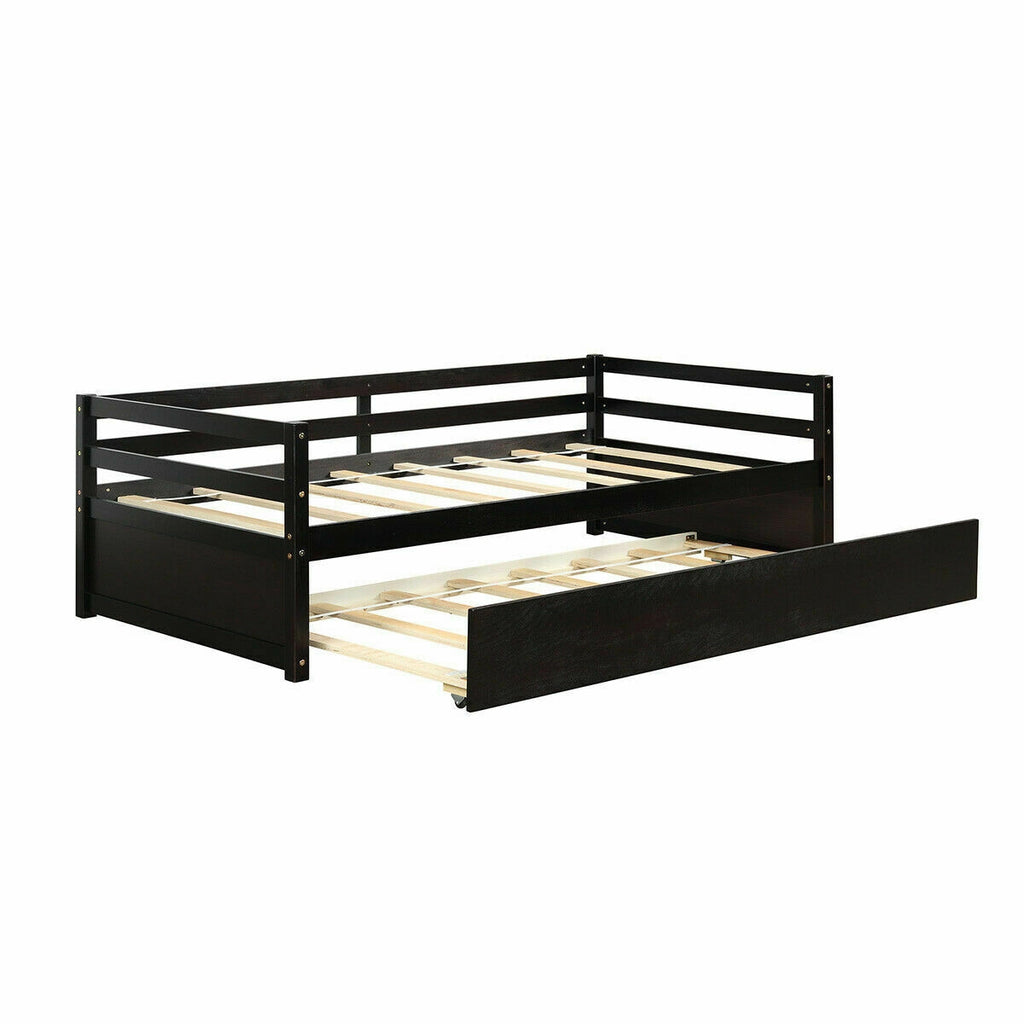 Twin Size Trundle Daybed Platform Frame with Slat Support - Walnut