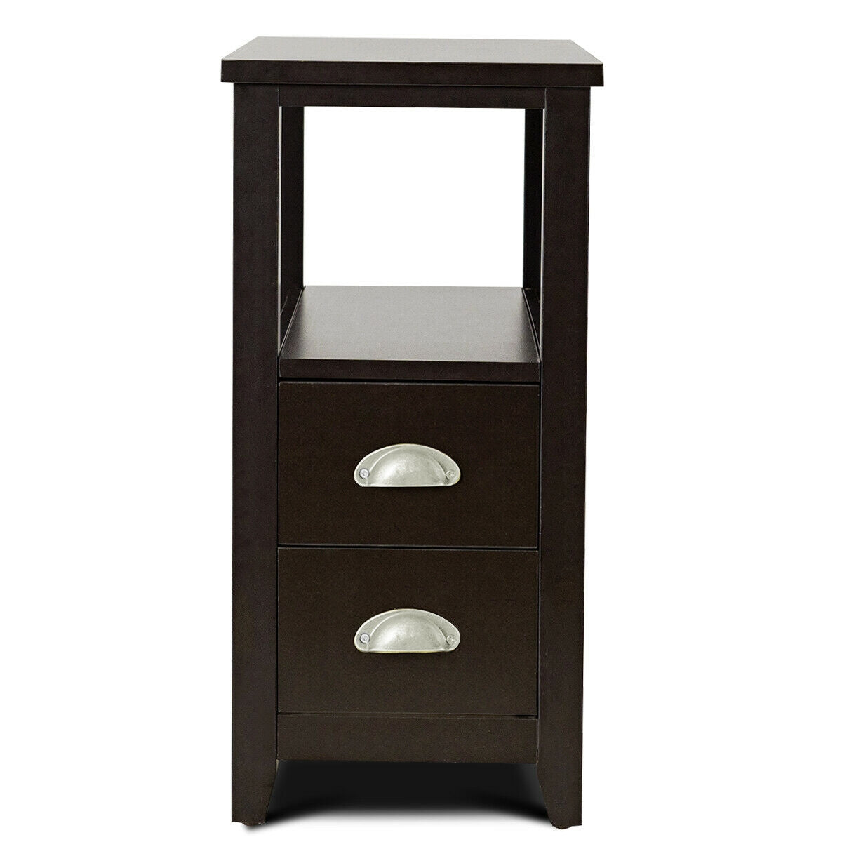 Rectangular Wooden Nightstand with 2 Drawers & Shelf, Dark Brown