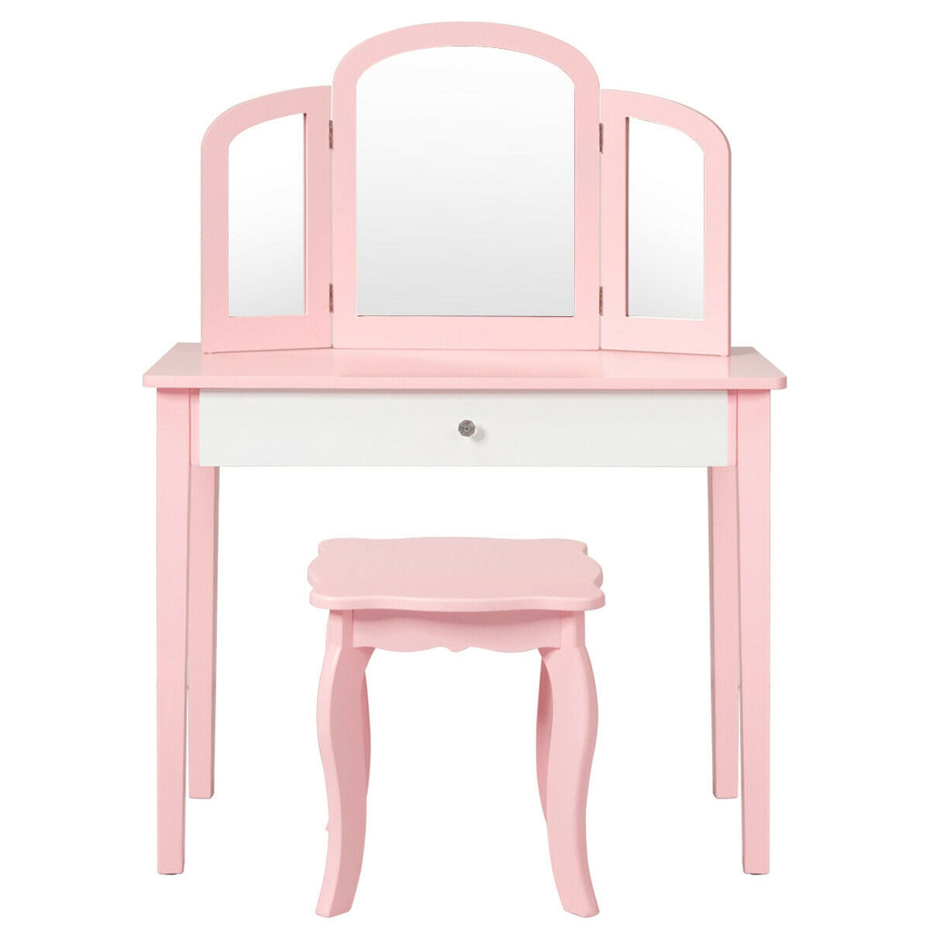 Kids Vanity Dressing Table with Tri-Fold Mirror and Chair - Pink, No Lights & Mirror