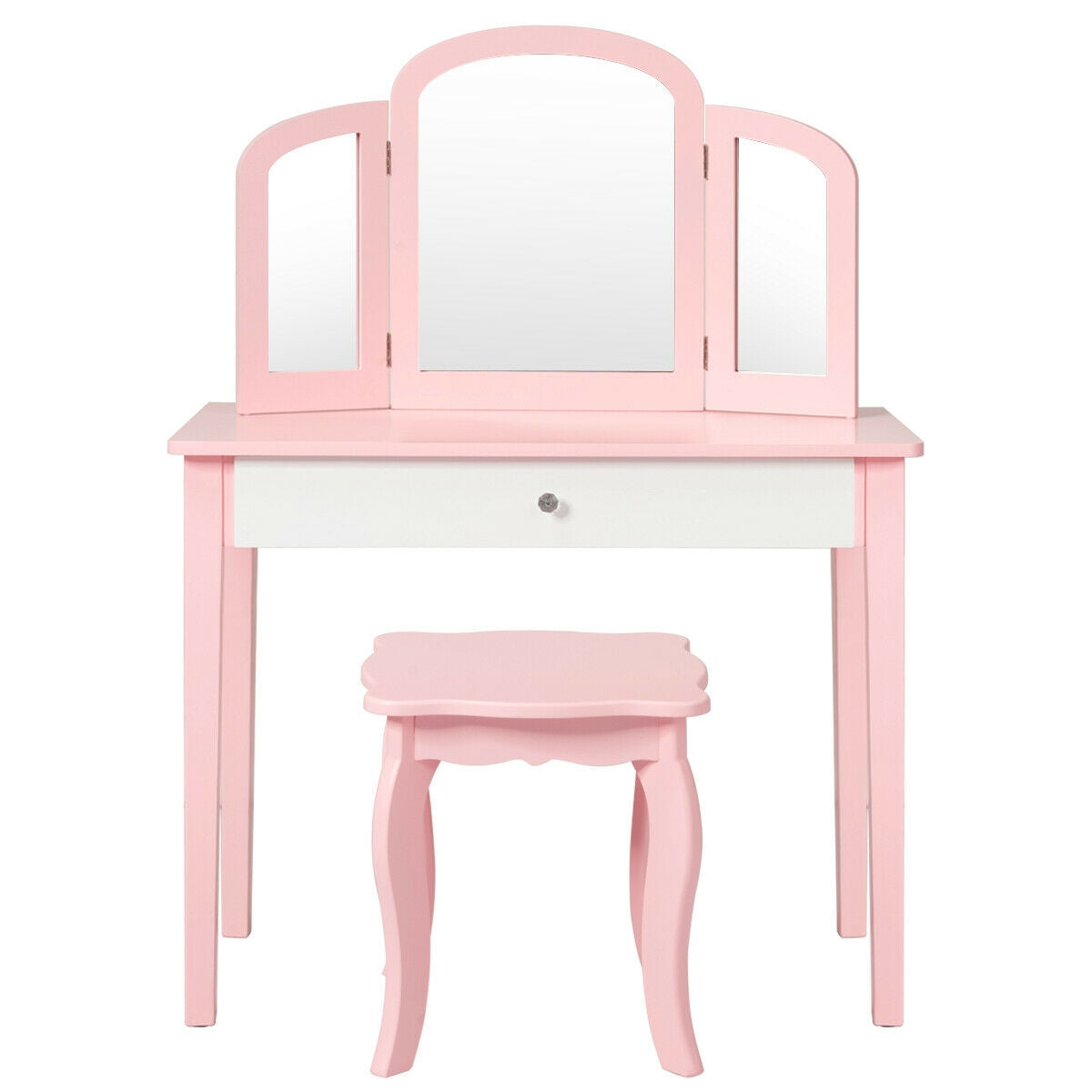 Kids Vanity Dressing Table with Tri-Fold Mirror and Chair - Pink, No Lights & Mirror