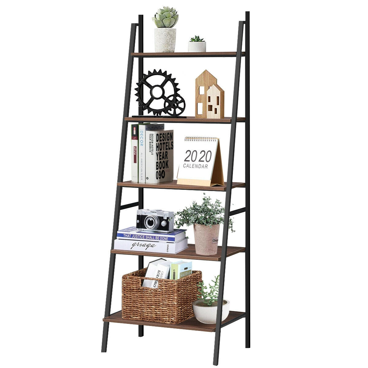 5-Tier Leaning Bookshelf Wood Metal Bookcase