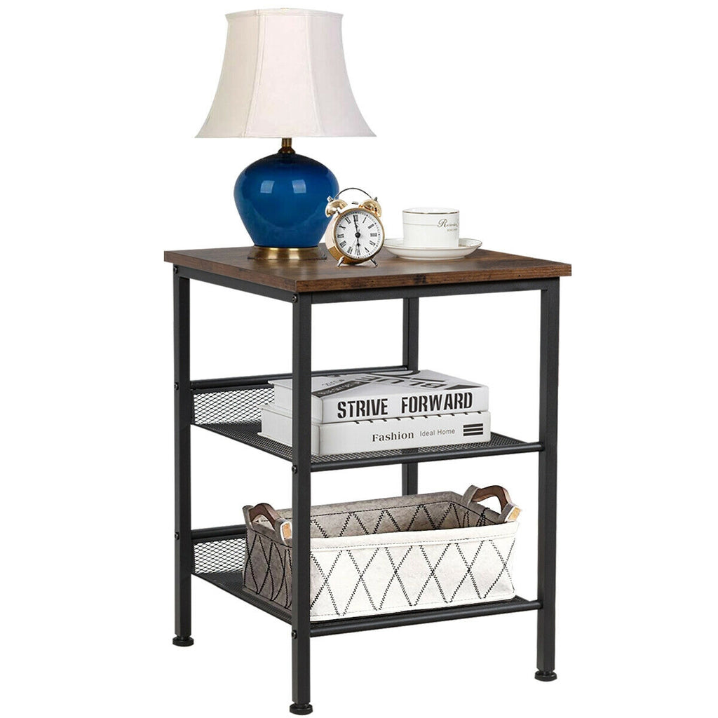 3-Tier Industrial End Table with Mesh Shelves – Adjustable