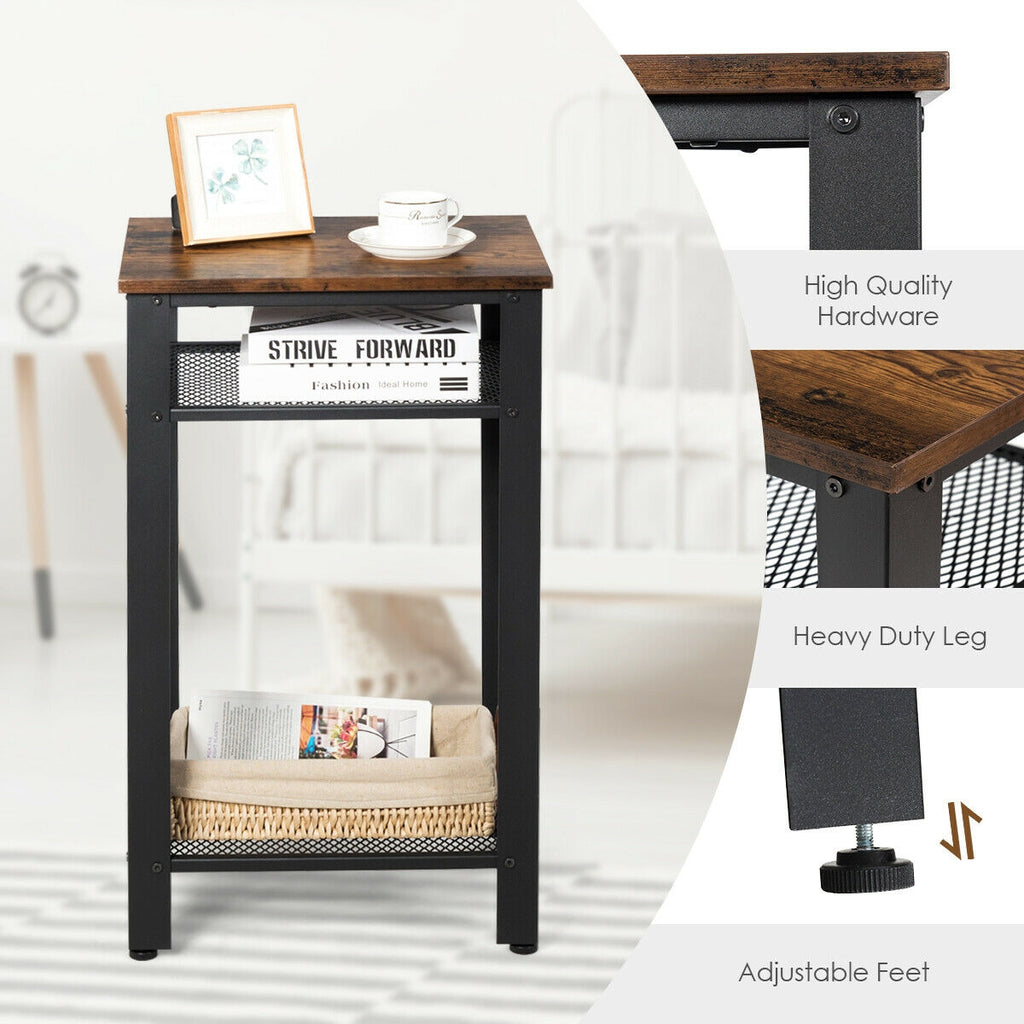 3-Tier Industrial End Table with Metal Mesh Shelves