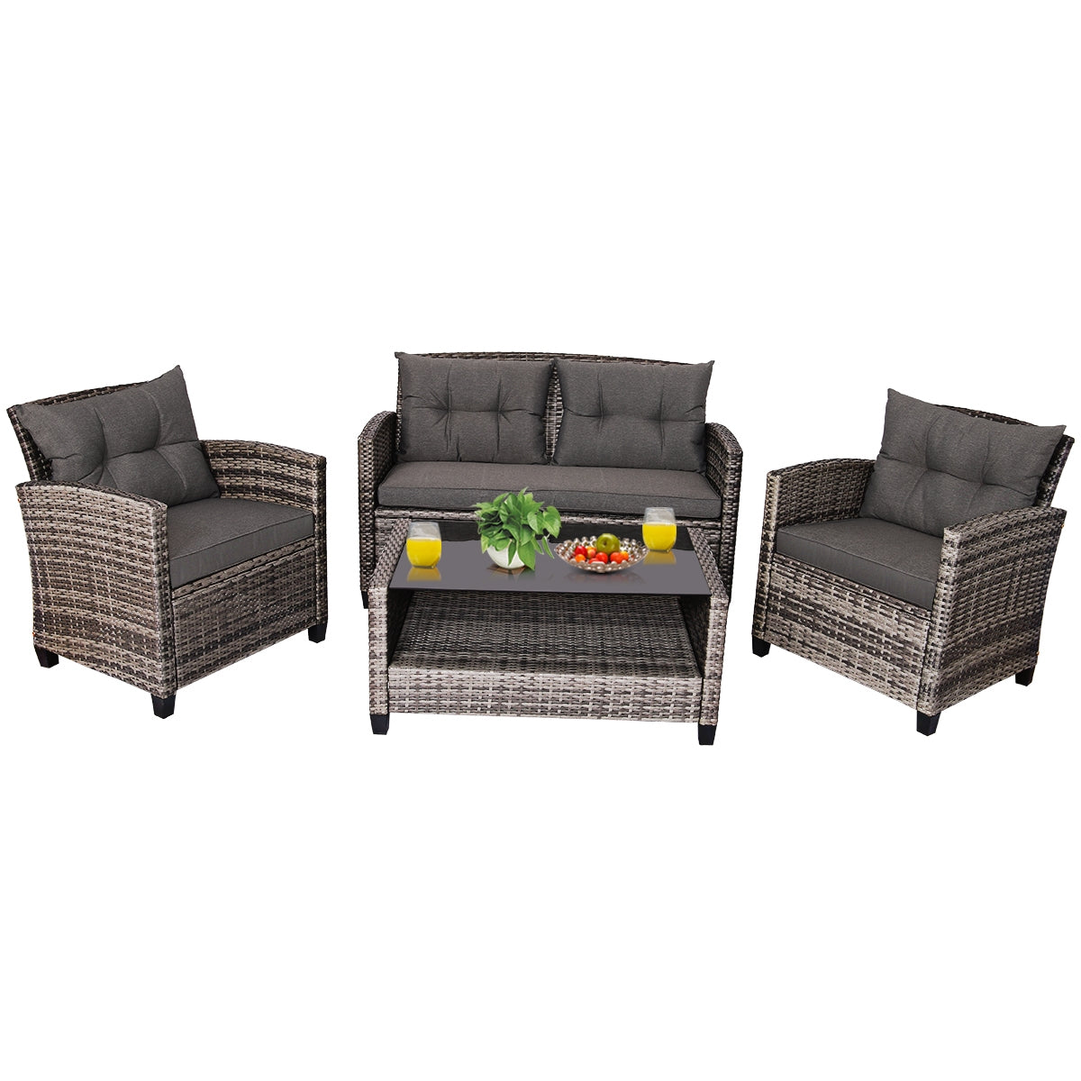 4-Piece Patio Rattan Furniture Set with Loveseat, Sofas & Coffee Table - Gray