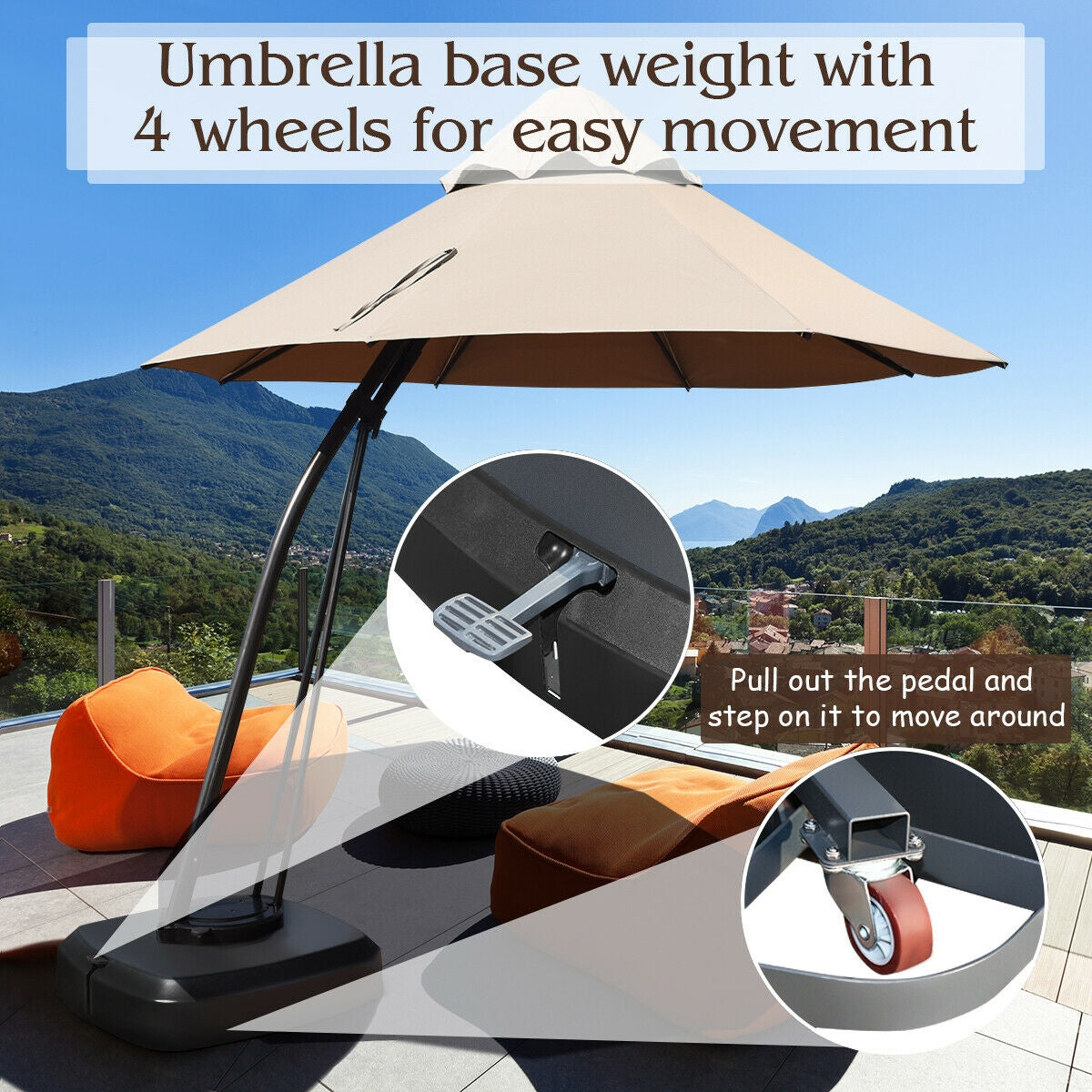 11 Feet Outdoor Cantilever Hanging Umbrella with Base and Wheels