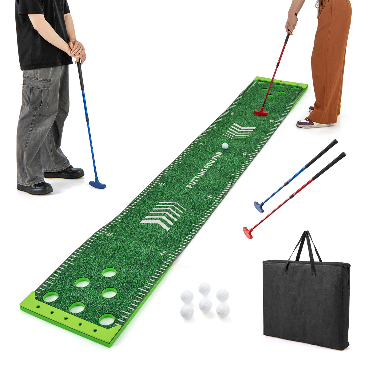 11 Ft Putting Green Mat with Adjustable Putter and 6 Balls - Indoor Outdoor Golf Practice