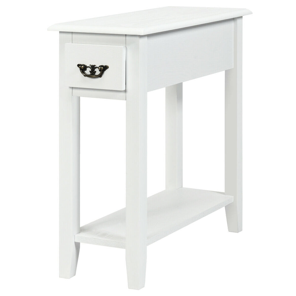 2-Tier Sofa Side Table with Drawer and Open Shelf, Set of 2, White
