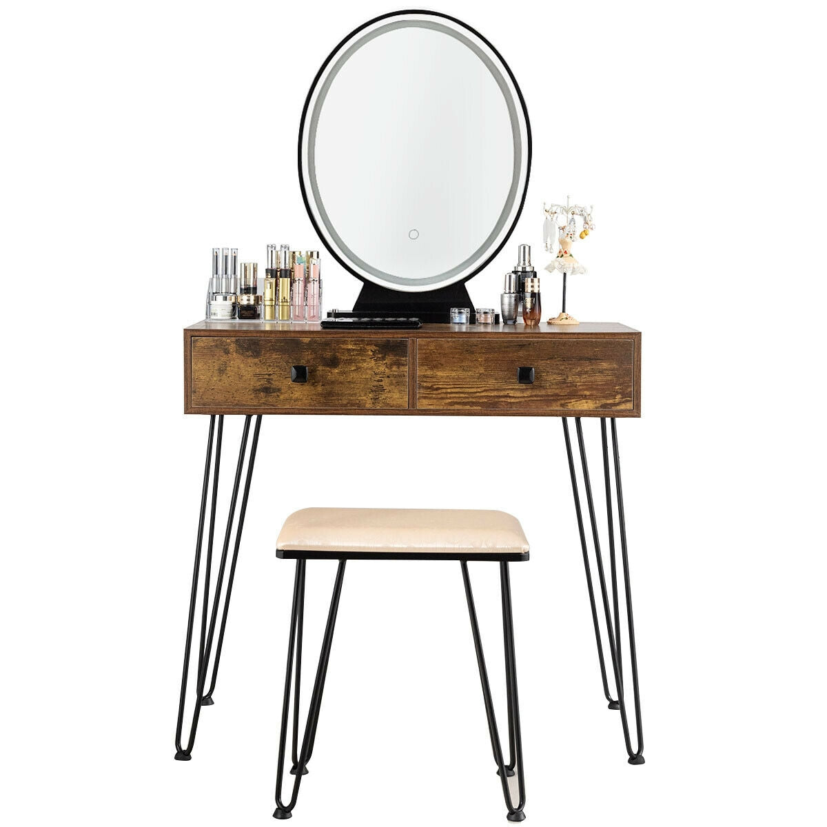 Makeup Dressing Table with LED Lighting - Rustic Brown
