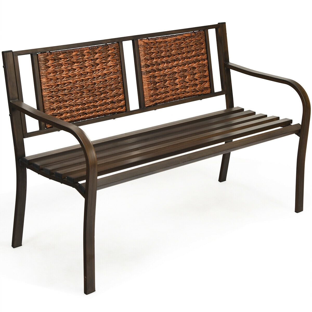 Patio Garden Bench with PE Rattan & Steel Frame - Style 2