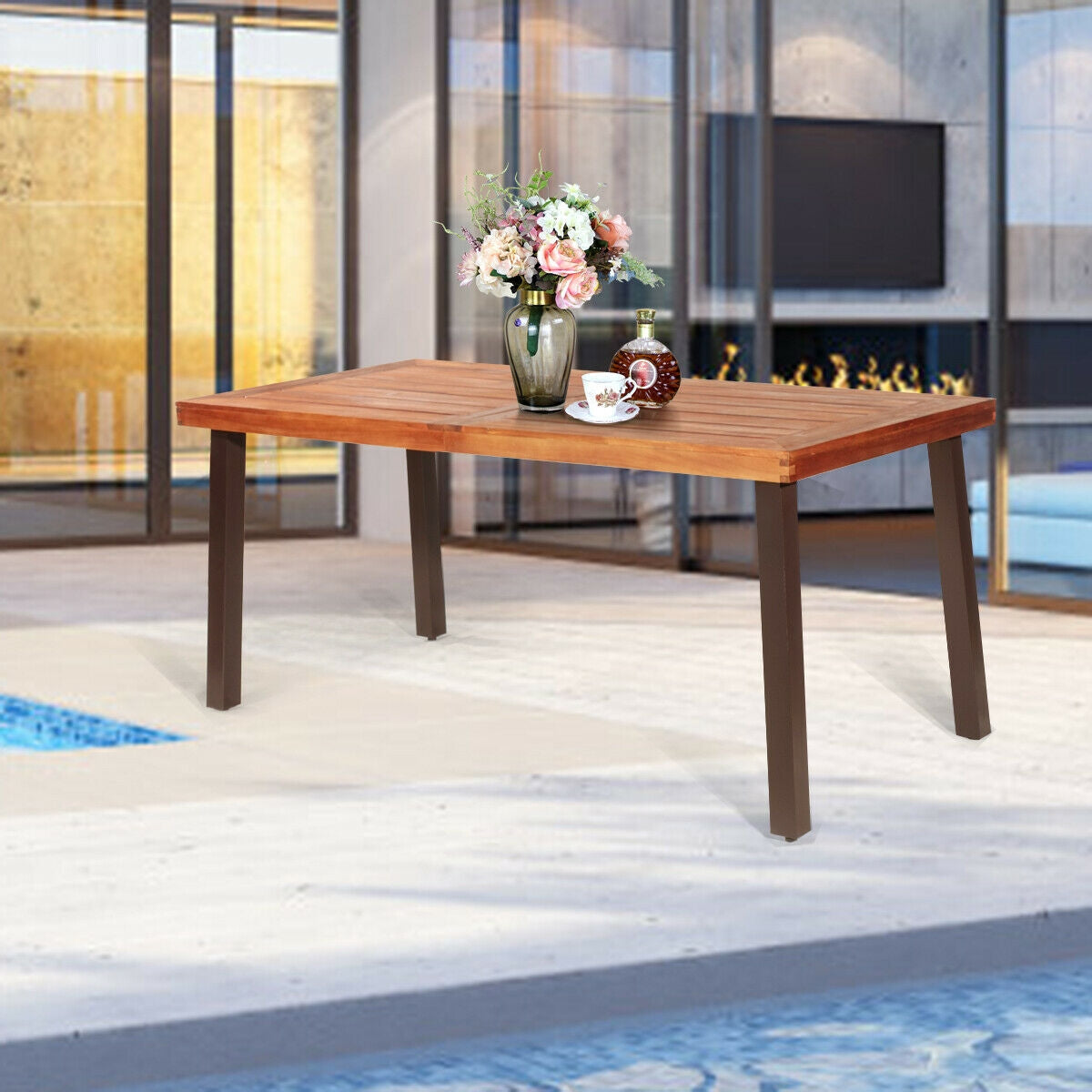 Acacia Wood Dining Table 67.5" x 32" with Umbrella Hole