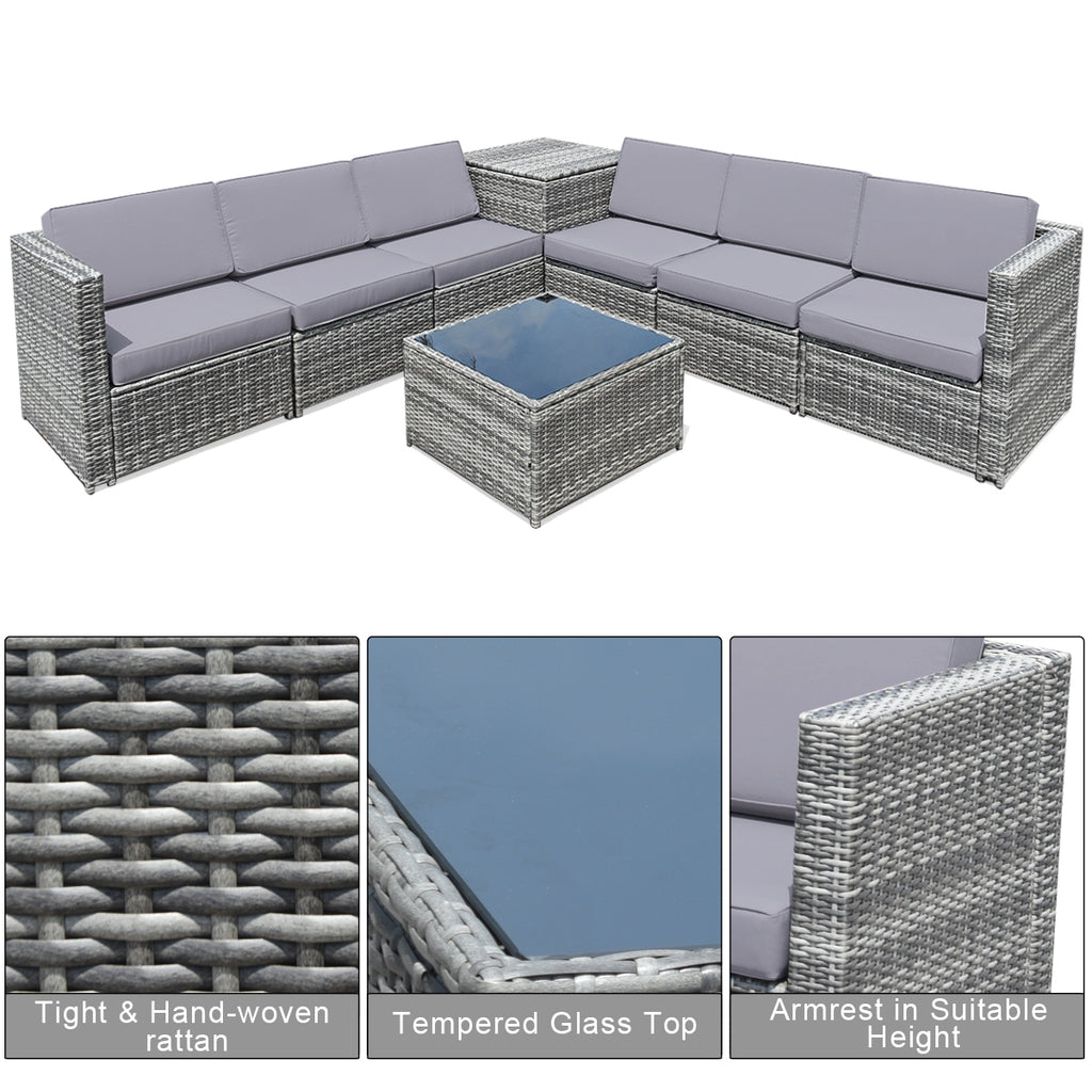 8-Piece Wicker Sofa Rattan Dining Set with Storage Table - Gray
