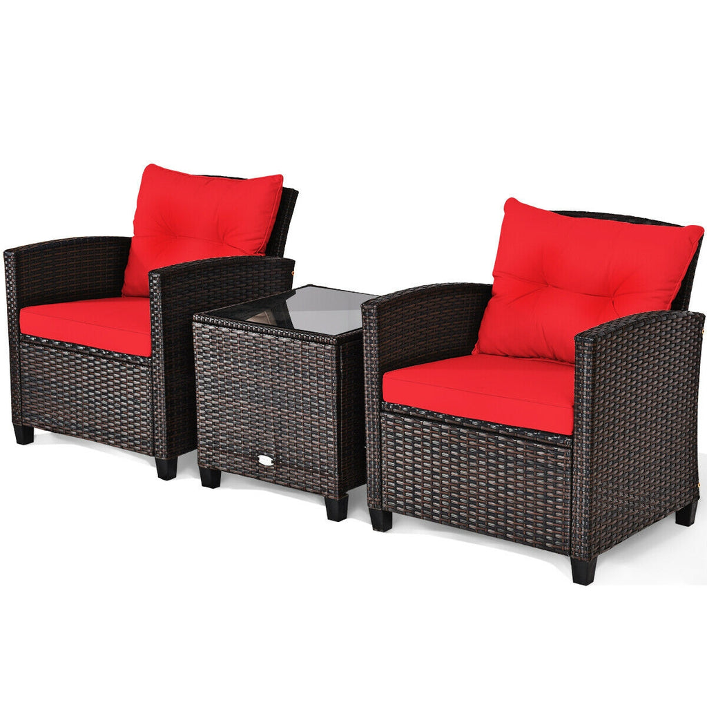 3-Piece Rattan Patio Furniture Set, Brown Rattan, Red Cushions
