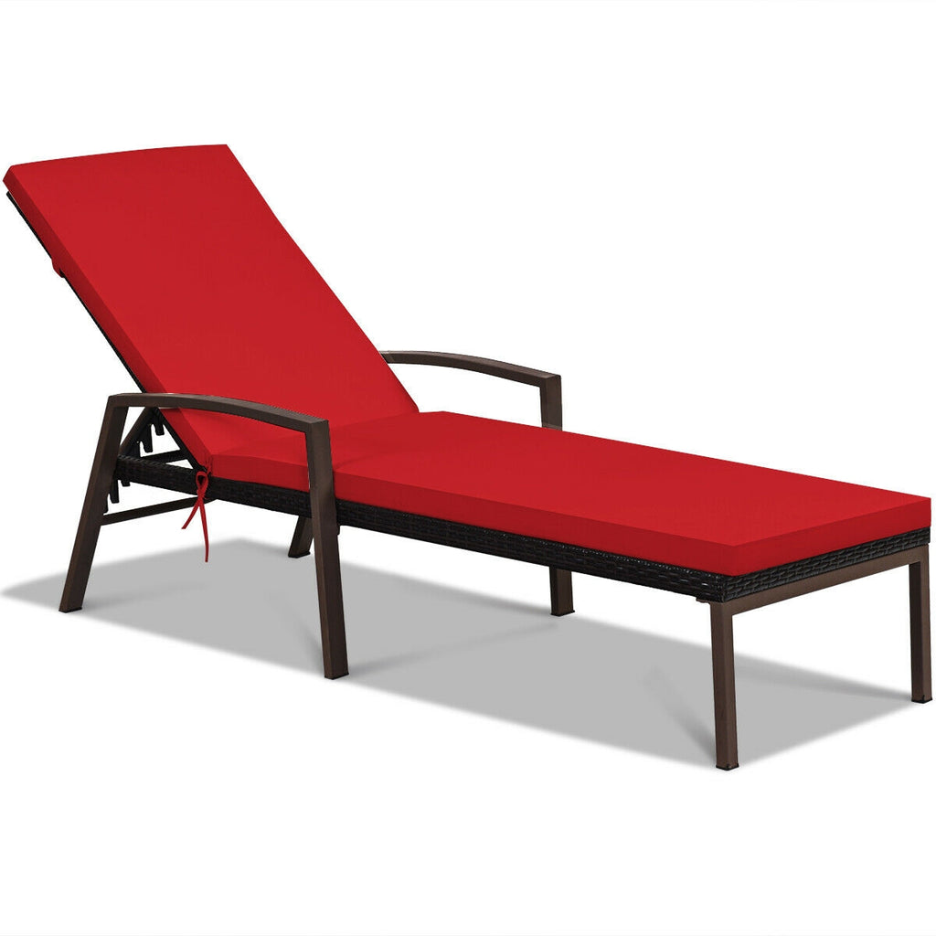 Patio Rattan Reclining Chaise Lounge Chair with Cushion – Red