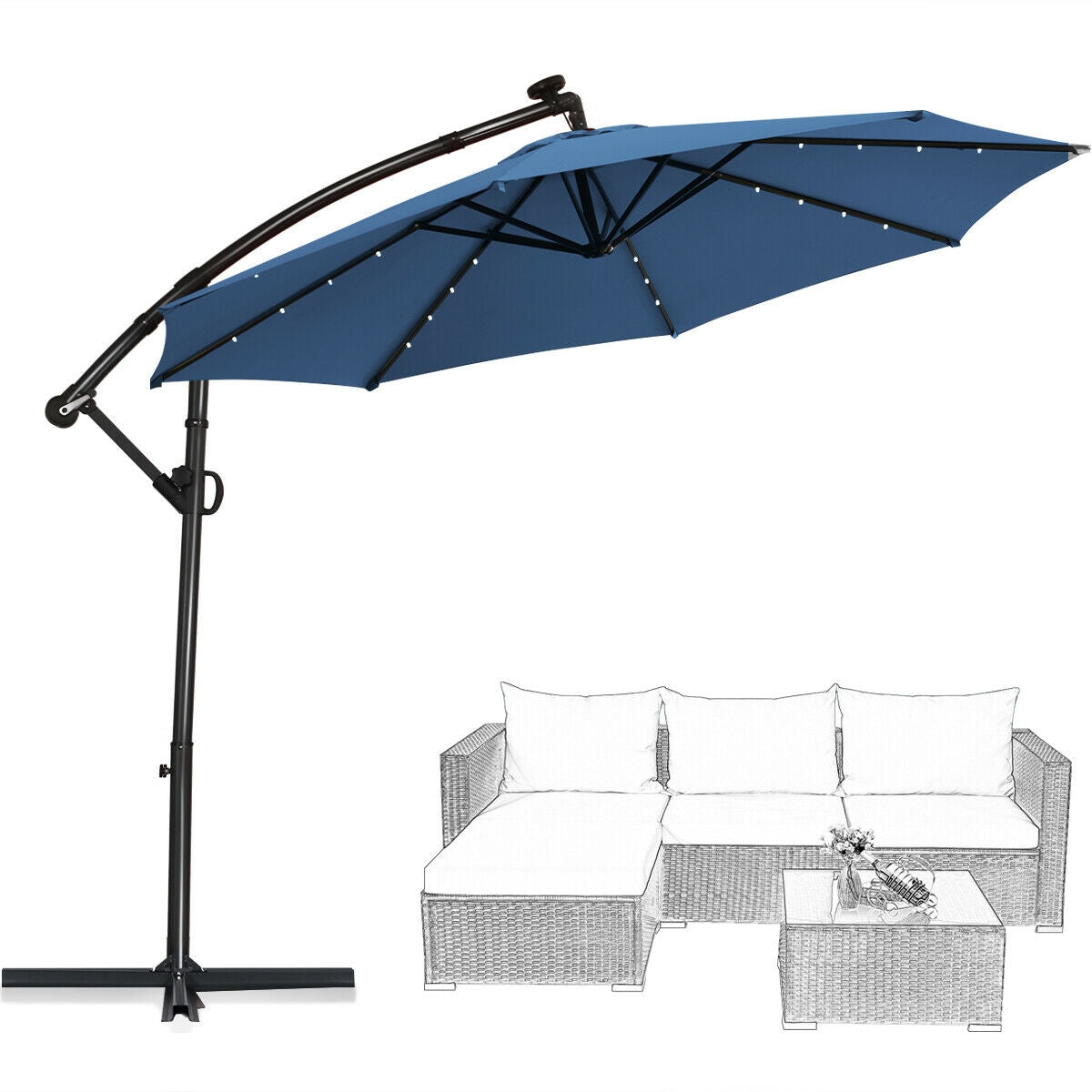 10 x 8 Feet Solar LED Patio Umbrella, 360° Rotation, Blue