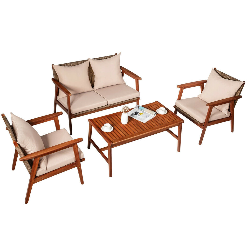 4-Piece Acacia Wood Patio Rattan Furniture Set with Cushions - Brown