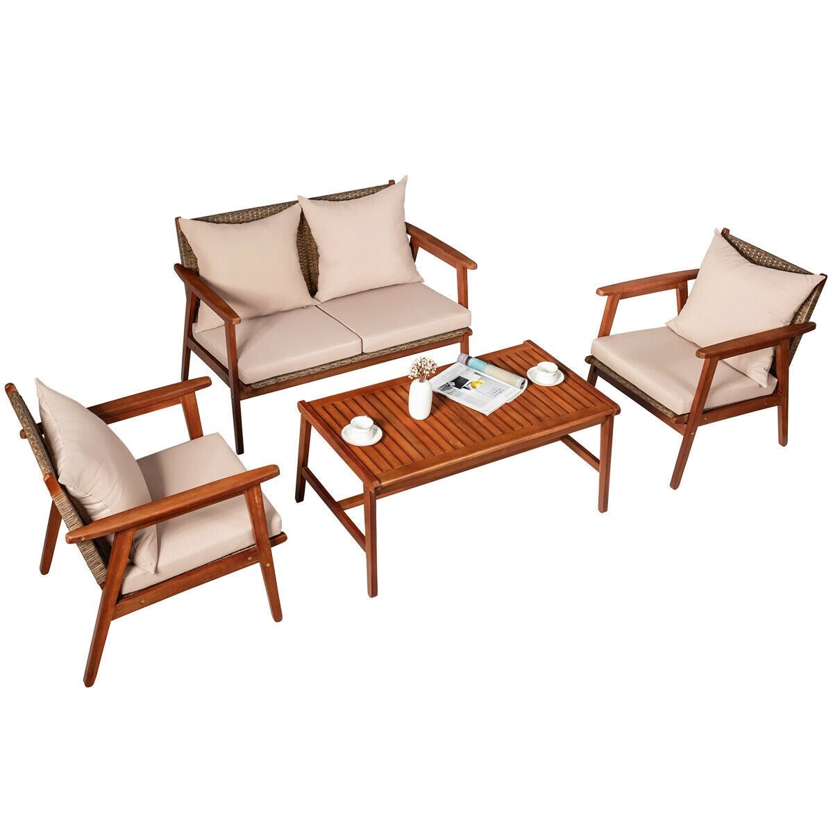 4-Piece Acacia Wood Patio Rattan Furniture Set with Cushions - Brown