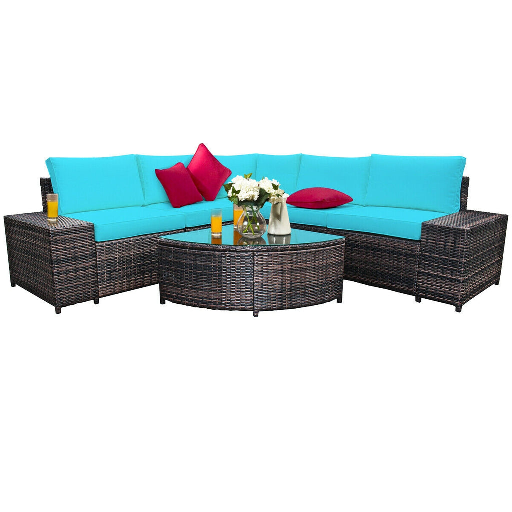 6 Piece Wicker Patio Sectional Sofa Set with Tempered Glass Coffee