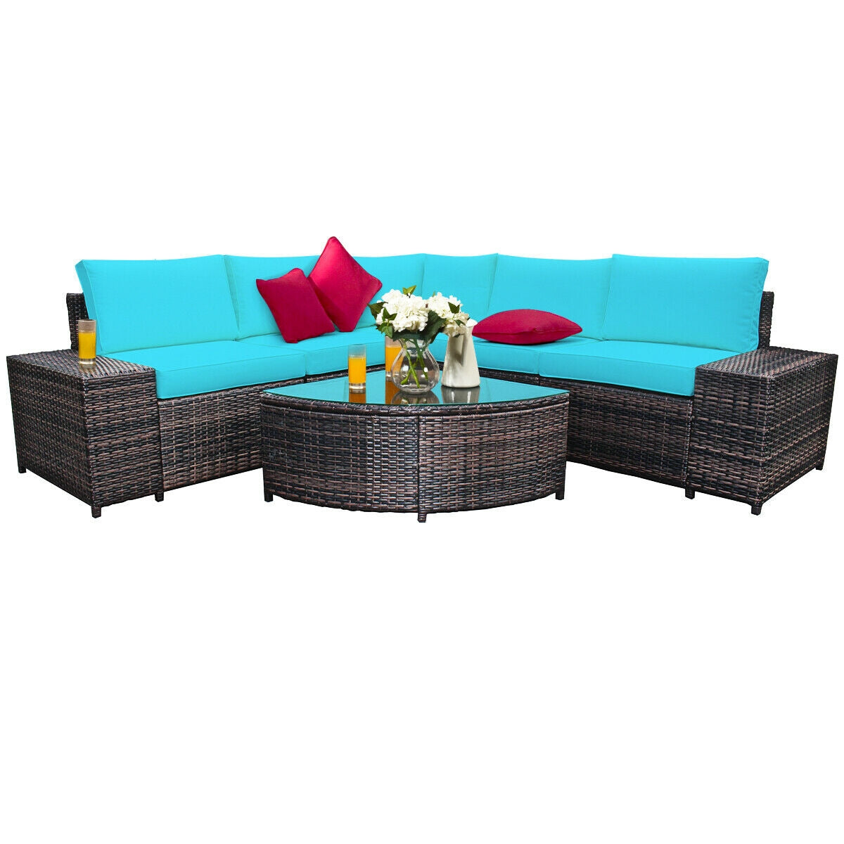 6 Piece Wicker Patio Sectional Sofa Set with Tempered Glass Coffee