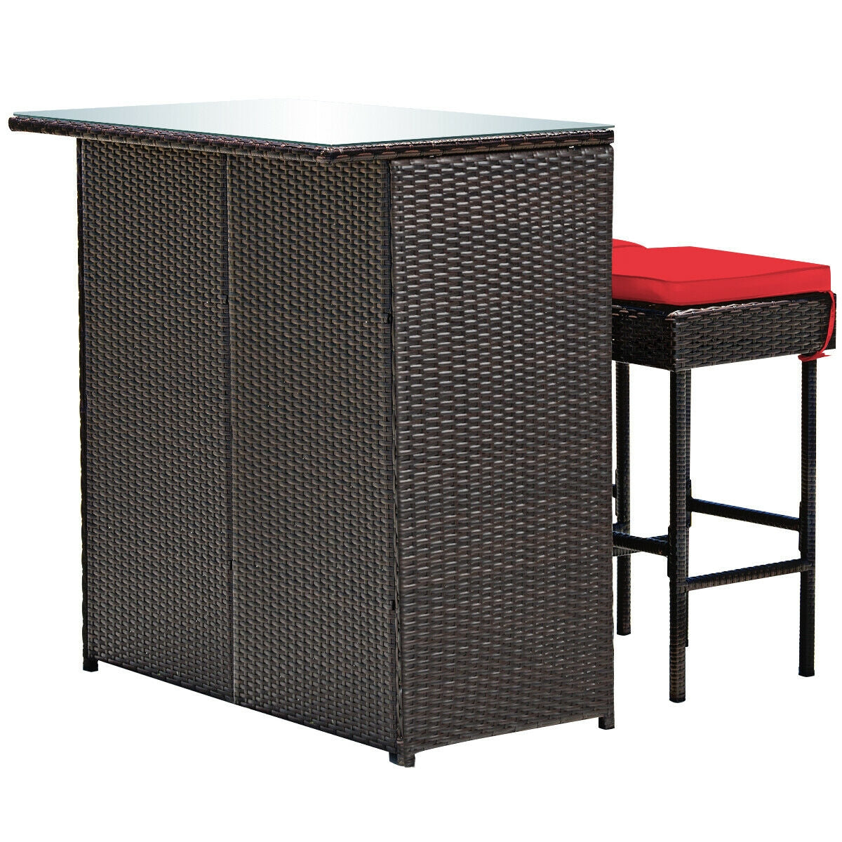 3 Pieces Outdoor Rattan Wicker Bar Set with 2 Cushions Stools