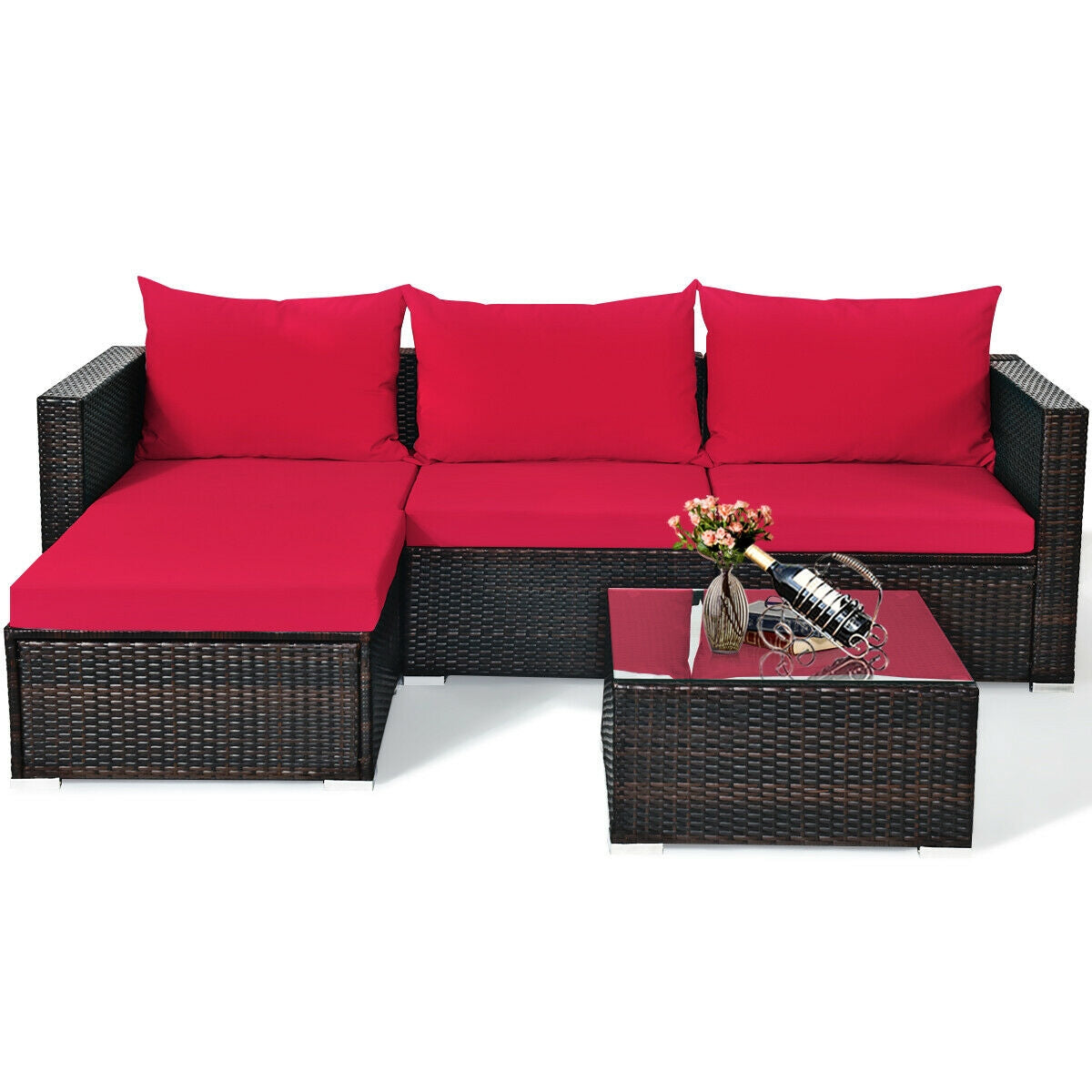 5 Pieces Patio Rattan Sectional Furniture Set with Cushions and